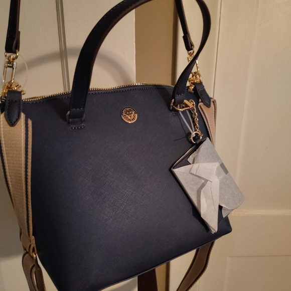 Anne Klein Handbags - Anne Klein Dark Blue and Tan Shoulder Bag